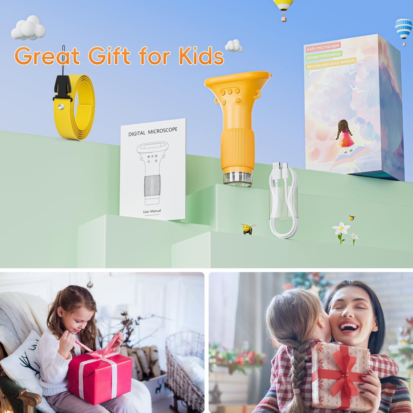 Digital Microscope with 2.0 Inch Screen, 1000x Zoom, Mini Microscope Camera for Children, Birthday Gifts Aged 3+